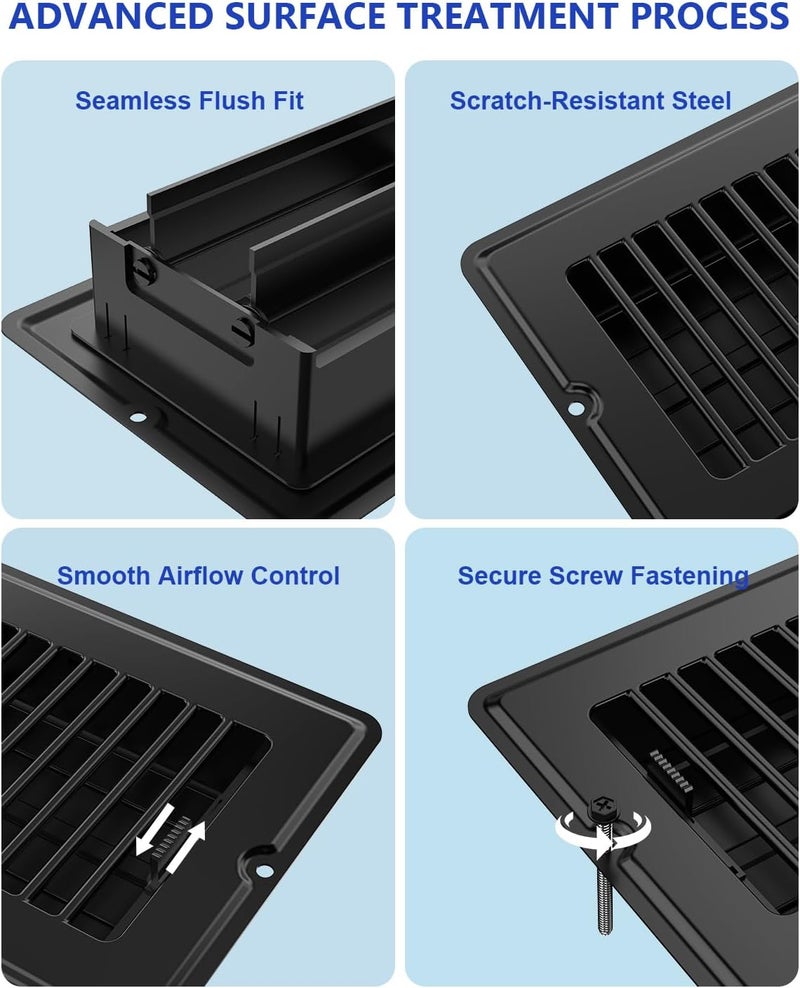 JSLIN Store 4x12 Floor Regsiter Vent Covers for Home Floor Wall Ceiling - Black with Screws for Easy Installation - Heavy Duty Steel Walkable Finish for Quiet Adjustable Air Vent Cover 4‘’ x 12‘’- 5 Pack - Image 5